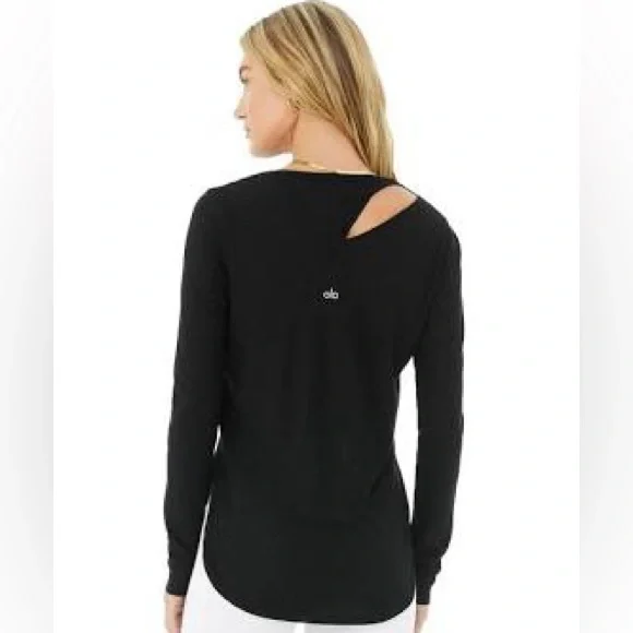 Alo Yoga Ribbed Peak Black Cutout Long Sleeve Top size L - Picture 3 of 6